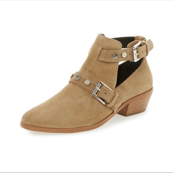 REBECCA MINKOFF Cream Beige Tan Cutout Buckle Stud Suede Ankle Boots Booties 6 - Picture 12 of 13
